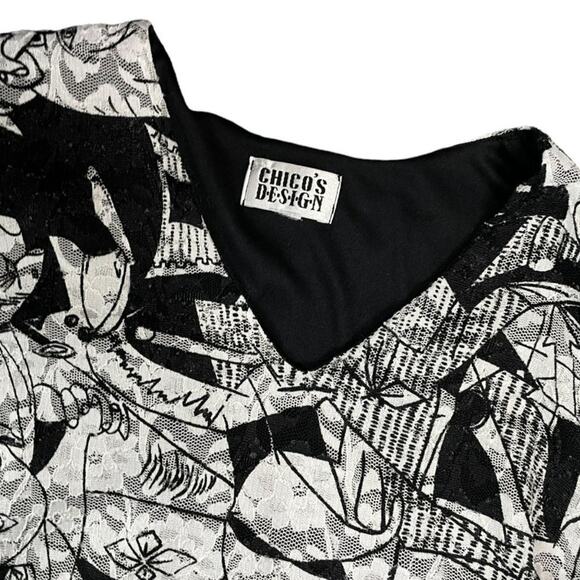 Vintage Chico’s Black and White V-Neck Top Art Deco Abstract - Picture 9 of 12